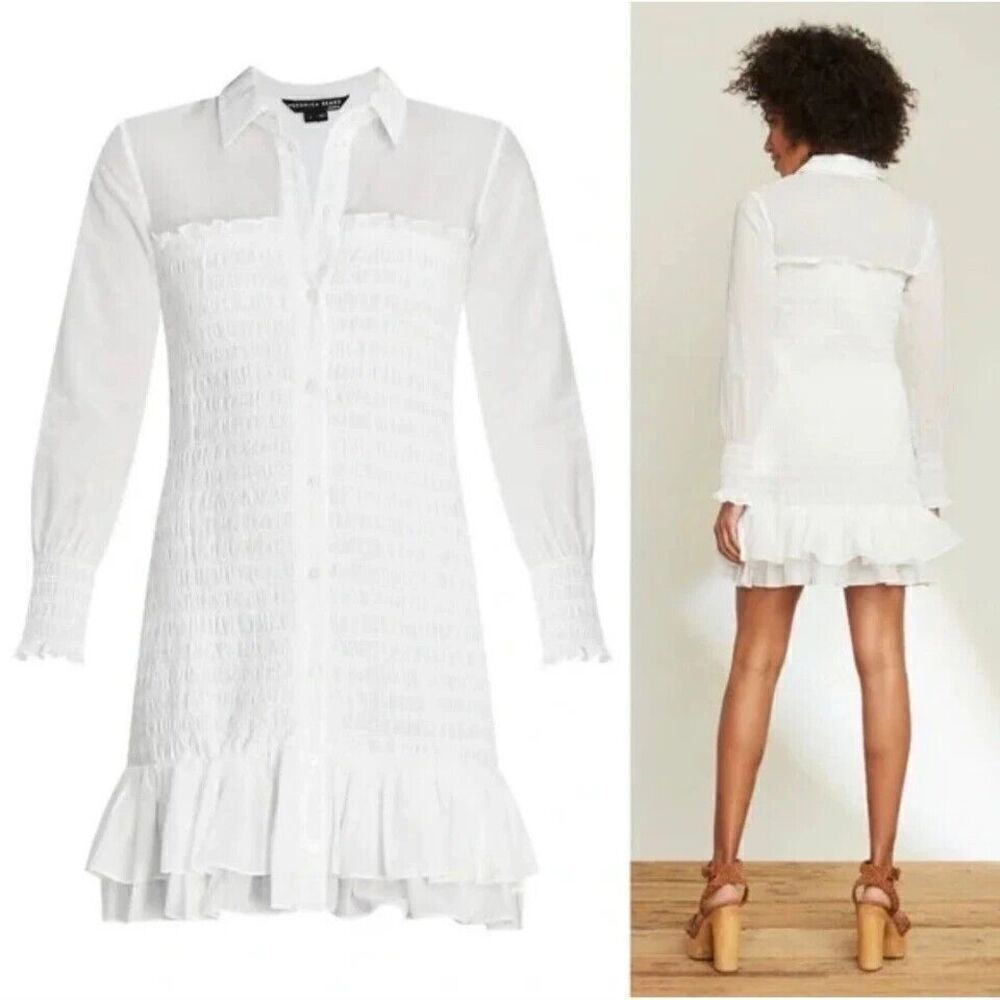 Veronica Beard Kelsey Button-Down Ruffled Smocked Dress in White Size 10